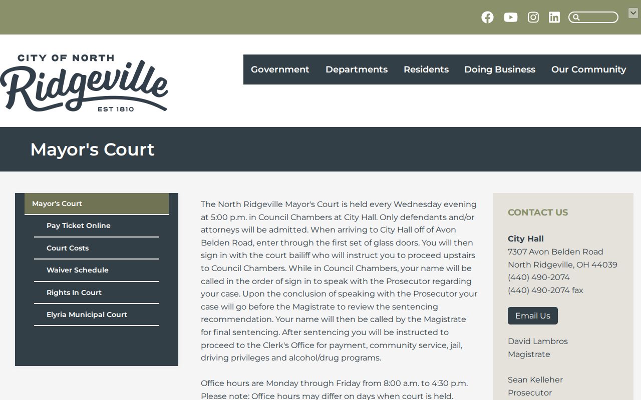 North Ridgeville residents directory Mayor's Court official route