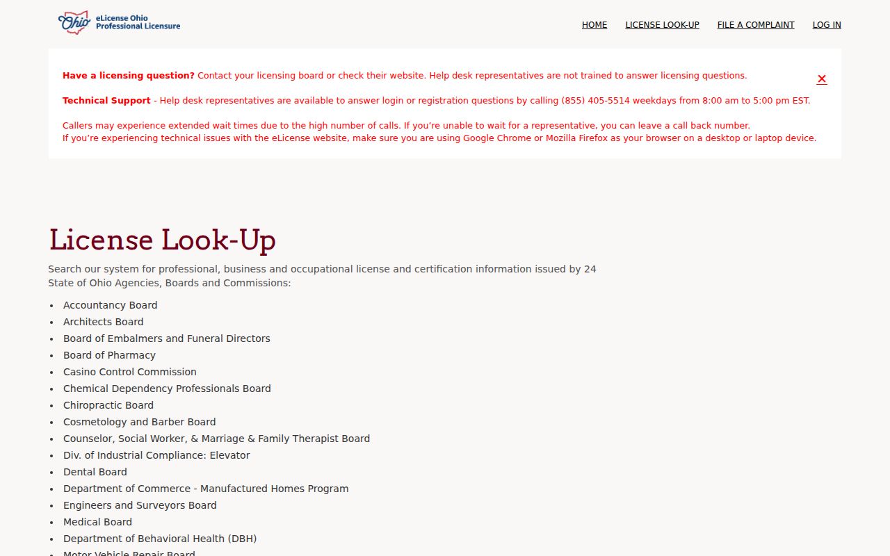 North Ridgeville resident lookup Ohio eLicense verification screen
