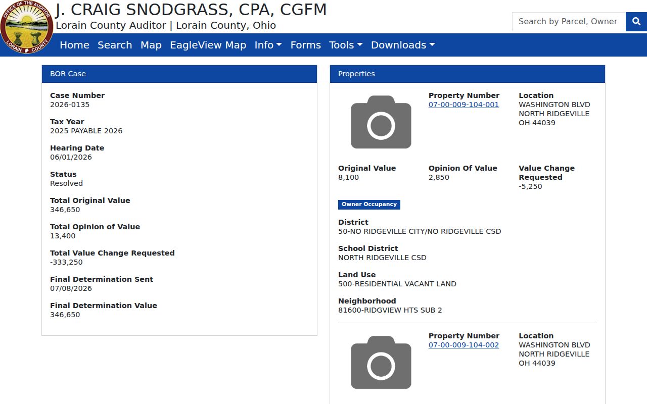 North Ridgeville previous residents parcel-record research in the Lorain County Auditor interface